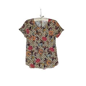 DR2 Blouse XS Women's Multicolor Printed Short Sleeve Pleated Keyhole Back